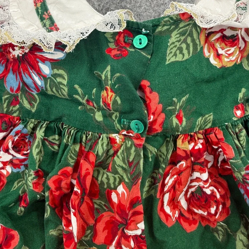 Jo Lene Floral Rose Dress Kids Size 2T Green Red Lace Trim Vintage Style USA